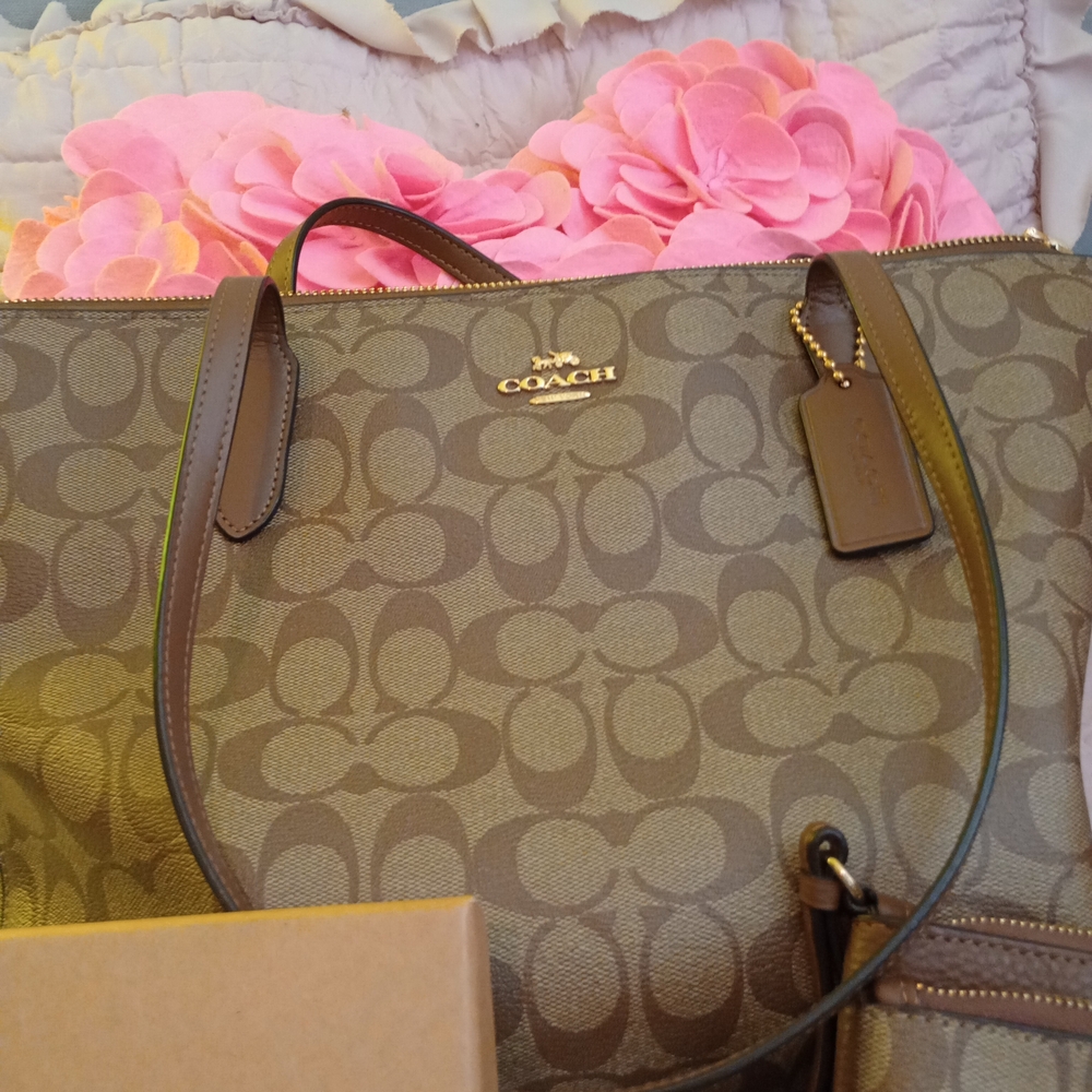 Coach Signature Canvas Tote in Brown with Leather Trim